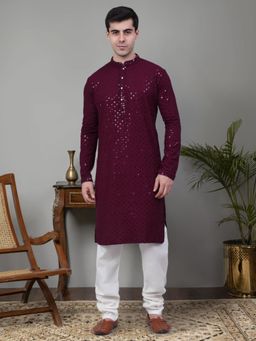 Jompers - Men Wine Embroidered and Sequence Kurta with Churidar