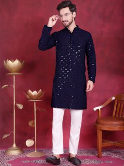 Jompers - Men's Navy Blue Embroidered and Sequence Kurta with Pyjama