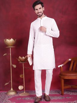 Jompers - Men's White Embroidered and Sequence Kurta with Pyjama