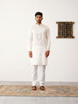 Jompers - White Men's Embroidered Mirror Work Kurta With Pyjama