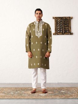 Jompers - Men's Olive Chikankari Embroidered Kurta With Pyjama