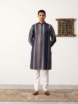 Jompers - Navy Blue Men's Mirror Work Kurta and Pyjama
