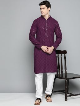 Jompers - Men Wine Embroidered and Sequence Kurta with Churidar