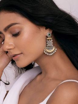 Indya - Dual Tone Green Stone Bead Drop Dangler Earrings