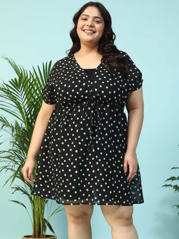 Oxolloxo - Plus Size Black Polka Dot Print Elasticated Waist Beachwear Kaftan