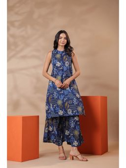 Gahan - Navy Blue Printed Sleeveless Cotton Kurta with Palazzo