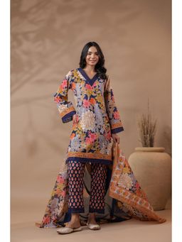 Gahan - Navy Blue Printed Pakistani-Style Suit Kurta with Pant