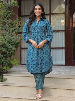 Gahan - Teal Ikkat Printed Cotton Kurta with Pant