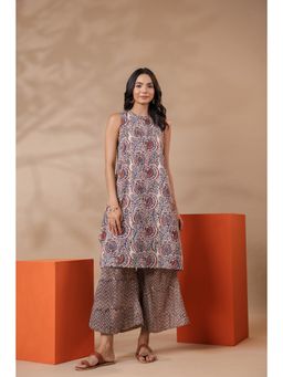 Gahan - Cream Handblock Printed Sleeveless Cotton Kurta with Palazzo