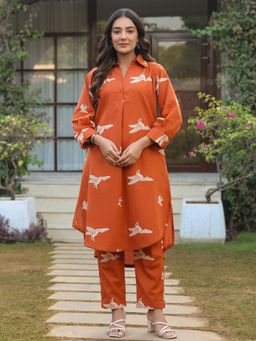 Gahan - Rust Orange Parrot Printed Cotton Kurta with Pant