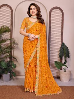Gahan - Yellow Georgette Saree With Unstitched Blouse