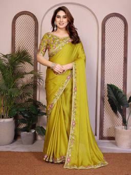 Gahan - Green Satin Chiffon Work Saree With Work Unstitched Blouse