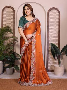 Gahan - Rust Embroidered Work Saree With Work Unstitched Blouse
