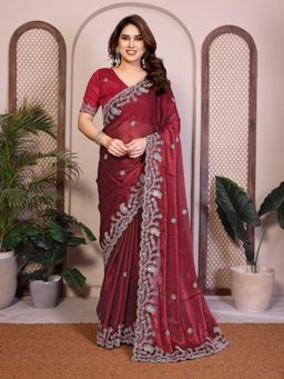 Gahan - Maroon Embroidered Work Saree With Work Unstitched Blouse