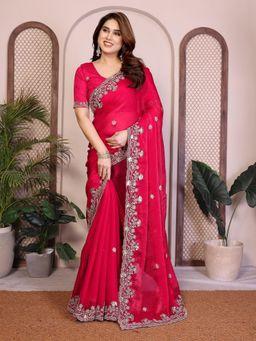 Gahan - Pink Embroidered Work Saree With Work Unstitched Blouse