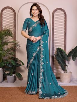 Gahan - Teal Embroidered Work Saree With Work Unstitched Blouse