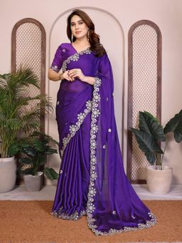 Gahan - Purple Embroidered Work Saree With Work Unstitched Blouse