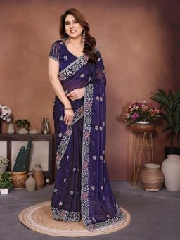 Gahan - Purple Embroidered Work Saree With Work Unstitched Blouse