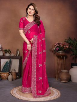 Gahan - Pink Embroidered Work Saree With Work Unstitched Blouse