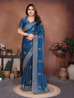 Gahan - Teal Embroidered Work Saree With Work Unstitched Blouse