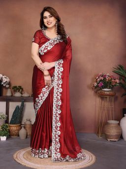 Gahan - Maroon Embroidered Work Saree With Work Unstitched Blouse