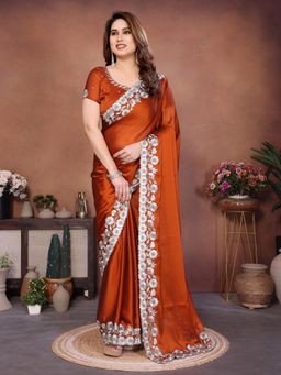Gahan - Rust Embroidered Work Saree With Work Unstitched Blouse