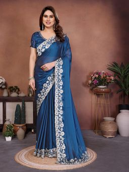 Gahan - Teal Embroidered Work Saree With Work Unstitched Blouse