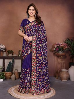 Gahan - Purple Embroidered Work Saree With Work Unstitched Blouse