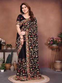 Gahan - Black Embroidered Work Saree With Work Unstitched Blouse
