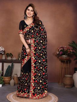 Gahan - Black Embroidered Work Saree With Work Unstitched Blouse