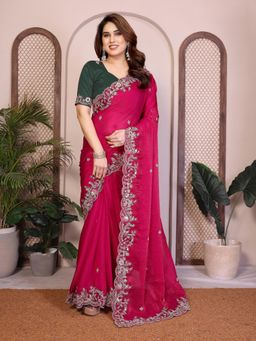 Gahan - Pink Embroidered Work Saree With Work Unstitched Blouse