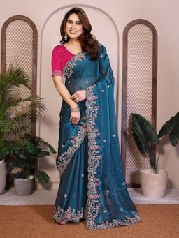 Gahan - Teal Embroidered Work Saree With Work Unstitched Blouse
