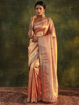 Libas - Peach Woven Design Saree with Embellished Gota Patti Tussar Border with Unstitched Blouse