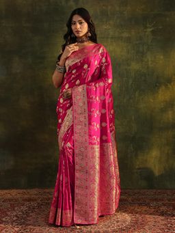 Libas Art - Pink Floral Beads Woven Design Saree with Beads Woven Design Border with Unstitched Blouse