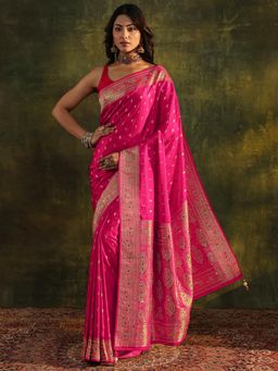 Libas Art - Pink Ethnic Motif Beads Saree with Beads Woven Design Border with Unstitched Blouse