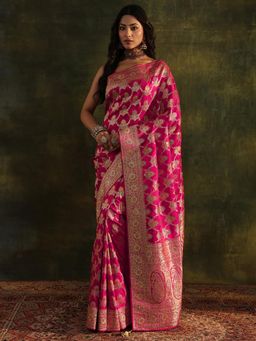 Libas Art - Pink Ethnic Motif Beads Saree with Beads Woven Design Border with Unstitched Blouse