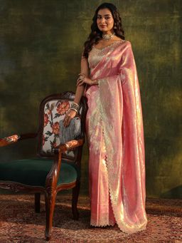 Libas - Peach Ethnic Motif Embellished Saree with Beads Embellished Border with Unstitched Blouse