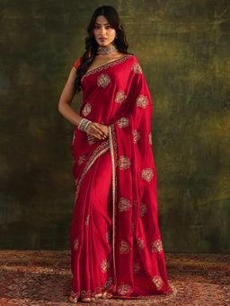 Libas - Red Ethnic Motif Beads Embellished Saree with Beads Embellished Border with Unstitched Blouse