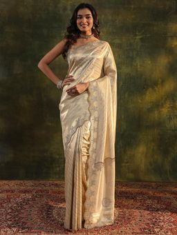 Libas Art - Ivory Ethnic Motif Beads Embellished Saree with Border with Unstitched Blouse