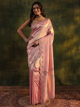 Libas Art - Peach Ethnic Motif Beads Embellished Saree with Border with Unstitched Blouse