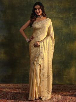Libas Art - Golden Ethnic Motif Beads Embellished Saree and Border with Unstitched Blouse