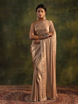 Libas Art - Beige Ethnic Motif Beads Embellished Saree and Border with Unstitched Blouse