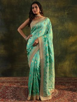 Libas Art - Green Floral Woven Design Saree With Gotta Patti Border with Unstitched Blouse
