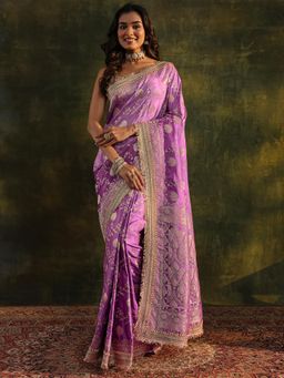 Libas Art - Purple Floral Woven Design Saree With Gotta Patti Border with Unstitched Blouse