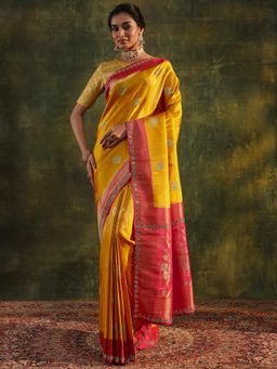 Libas Art - Yellow Ethnic Motif Woven Design Saree With Border with Unstitched Blouse