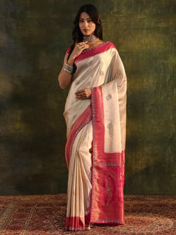 Libas Art - Cream Ethnic Motif Woven Design Saree With Beads Embellished Border with Unstitched Blouse