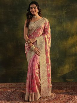 Libas Art - Pink Paisley Beads Embellished Saree With Embellished Border with Unstitched Blouse