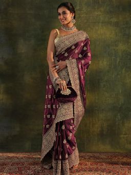 Libas Art - Wine Paisley Beads Embellished Saree With Embellished Border with Unstitched Blouse