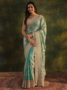 Libas Art - Aqua Paisley Beads Embellished Saree With Embellished Border with Unstitched Blouse