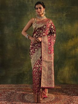 Libas Art - Maroon Floral Woven Design Saree With Beads Embellished Border with Unstitched Blouse